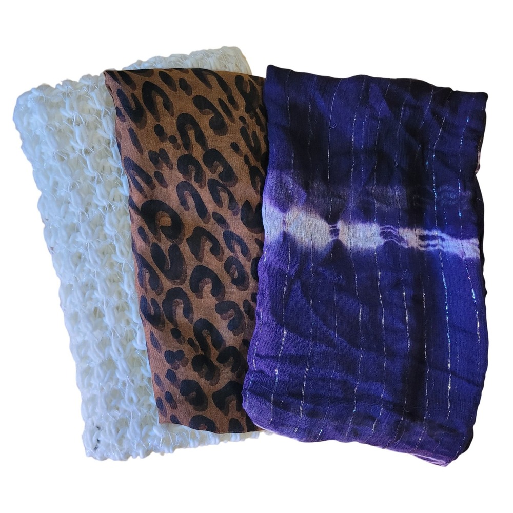 3 Vintage Y2K Scarves Chatties Knit Infinity Scarf Cynthia Rowley Leopard Blue